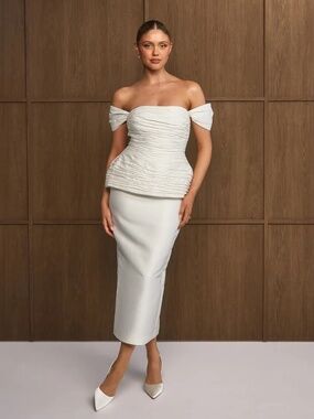 White Ivory Bridal Peplum Midi Dress